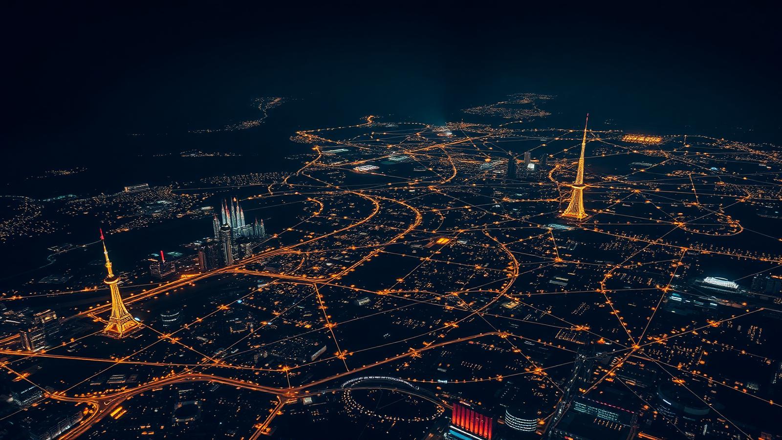 Red nocturna de ciudades europeas interconectadas vista desde el aire
